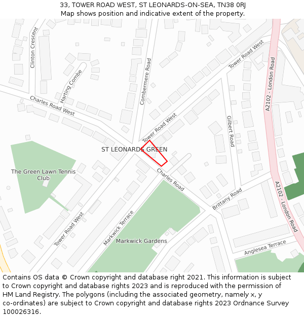 33, TOWER ROAD WEST, ST LEONARDS-ON-SEA, TN38 0RJ: Location map and indicative extent of plot