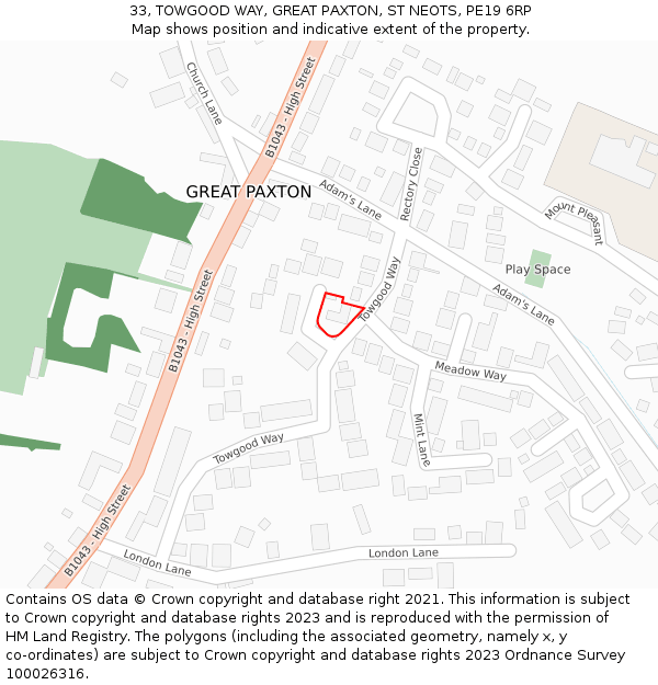 33, TOWGOOD WAY, GREAT PAXTON, ST NEOTS, PE19 6RP: Location map and indicative extent of plot