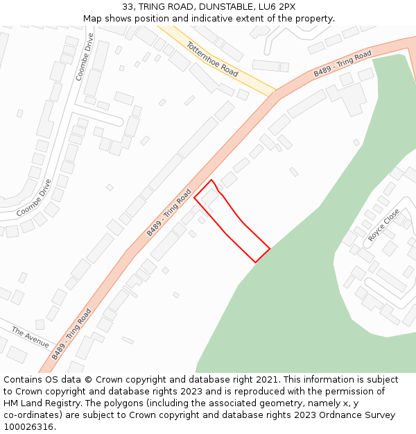 33, TRING ROAD, DUNSTABLE, LU6 2PX: Location map and indicative extent of plot