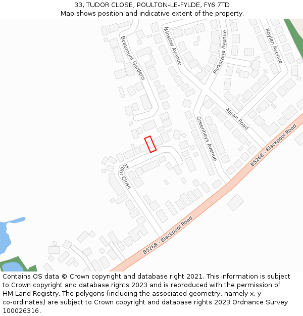 33, TUDOR CLOSE, POULTON-LE-FYLDE, FY6 7TD: Location map and indicative extent of plot