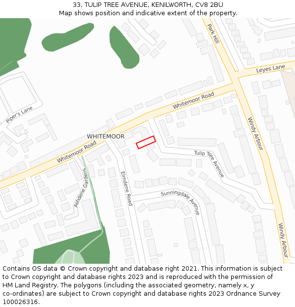 33, TULIP TREE AVENUE, KENILWORTH, CV8 2BU: Location map and indicative extent of plot