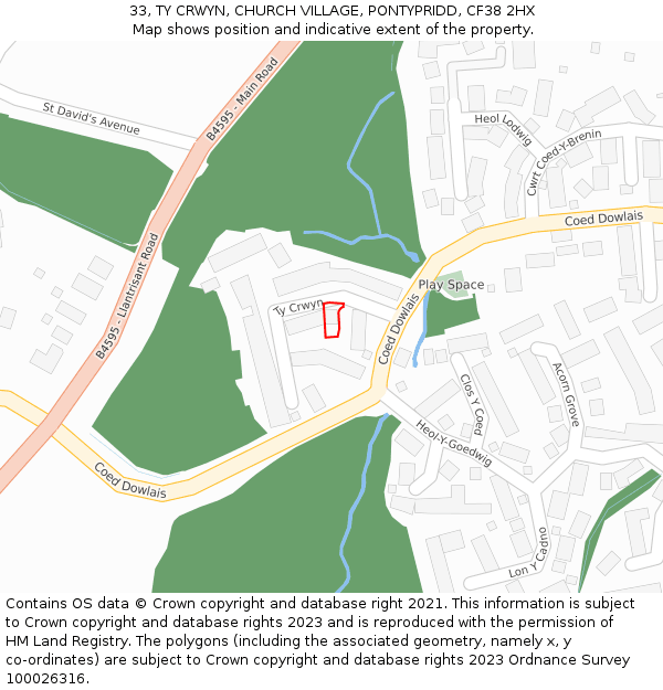 33, TY CRWYN, CHURCH VILLAGE, PONTYPRIDD, CF38 2HX: Location map and indicative extent of plot