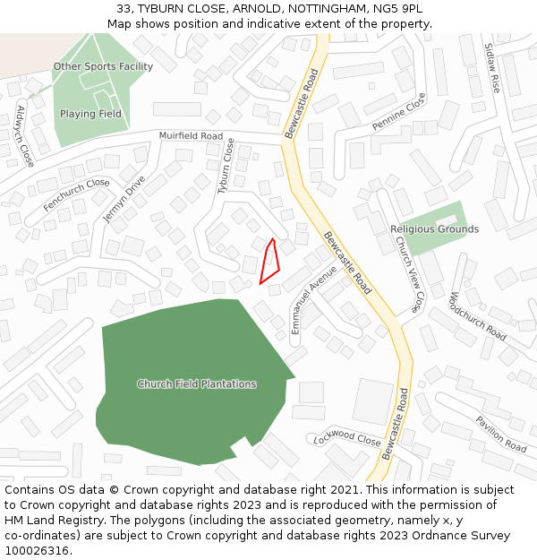 33, TYBURN CLOSE, ARNOLD, NOTTINGHAM, NG5 9PL: Location map and indicative extent of plot