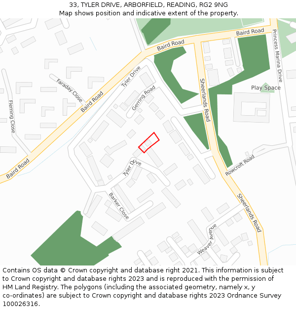 33, TYLER DRIVE, ARBORFIELD, READING, RG2 9NG: Location map and indicative extent of plot