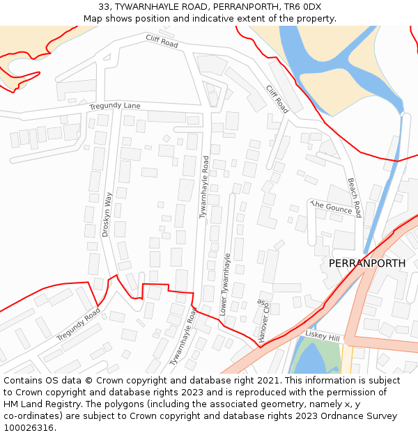 33, TYWARNHAYLE ROAD, PERRANPORTH, TR6 0DX: Location map and indicative extent of plot