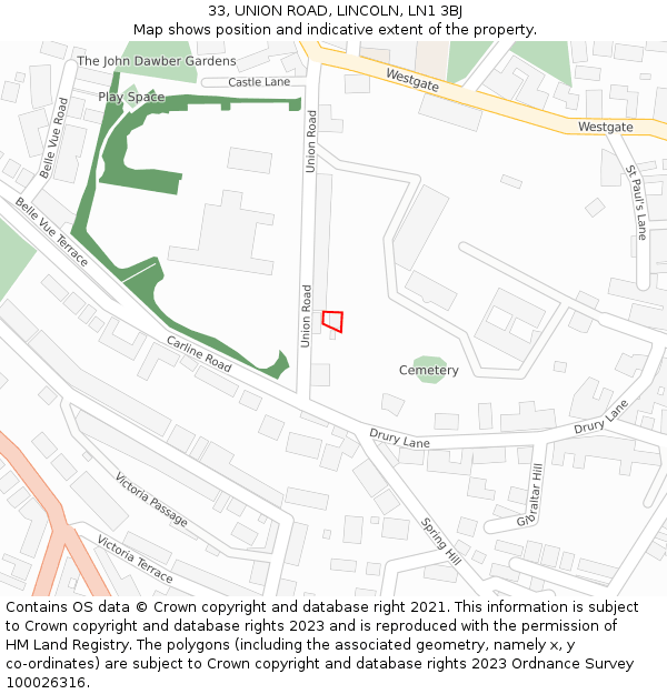 33, UNION ROAD, LINCOLN, LN1 3BJ: Location map and indicative extent of plot