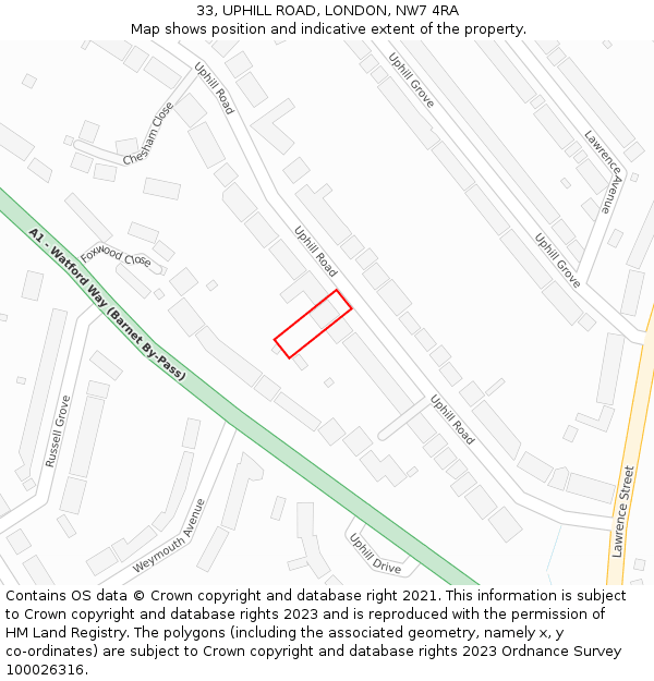 33, UPHILL ROAD, LONDON, NW7 4RA: Location map and indicative extent of plot