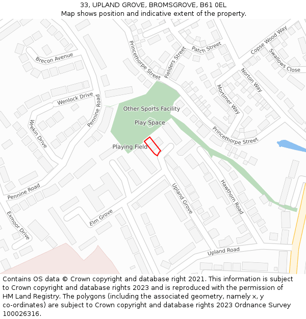 33, UPLAND GROVE, BROMSGROVE, B61 0EL: Location map and indicative extent of plot