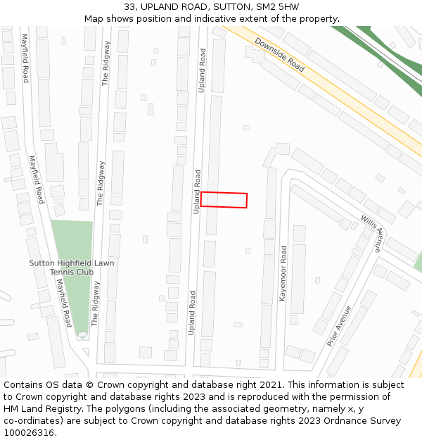 33, UPLAND ROAD, SUTTON, SM2 5HW: Location map and indicative extent of plot