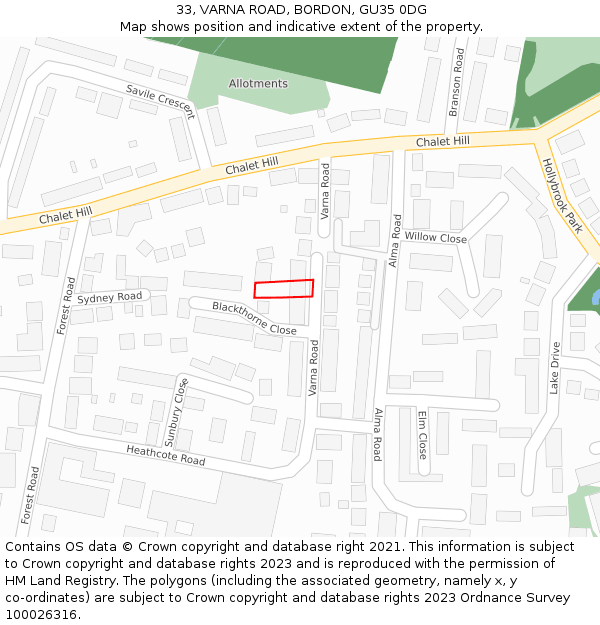 33, VARNA ROAD, BORDON, GU35 0DG: Location map and indicative extent of plot