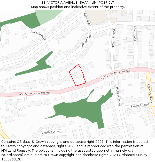 33, VICTORIA AVENUE, SHANKLIN, PO37 6LT: Location map and indicative extent of plot