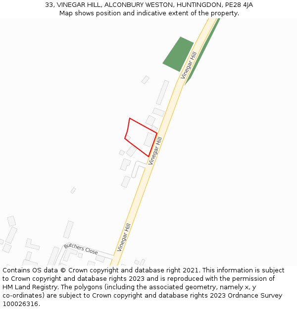 33, VINEGAR HILL, ALCONBURY WESTON, HUNTINGDON, PE28 4JA: Location map and indicative extent of plot