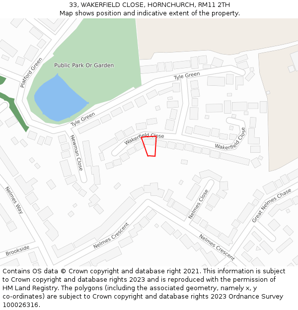 33, WAKERFIELD CLOSE, HORNCHURCH, RM11 2TH: Location map and indicative extent of plot