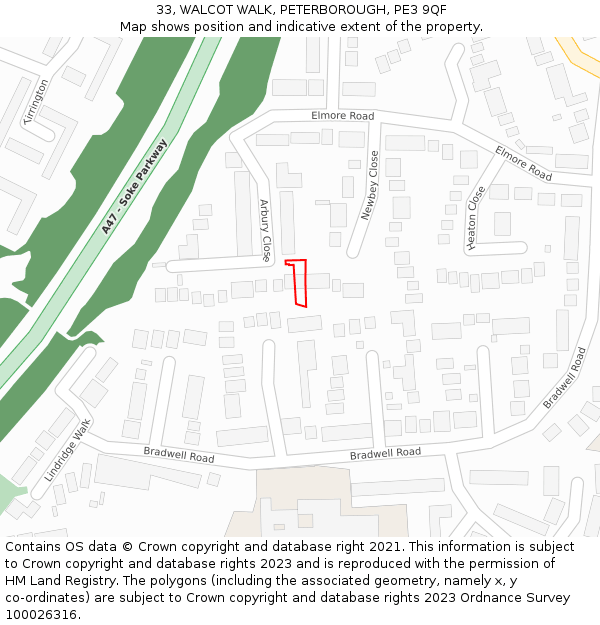 33, WALCOT WALK, PETERBOROUGH, PE3 9QF: Location map and indicative extent of plot