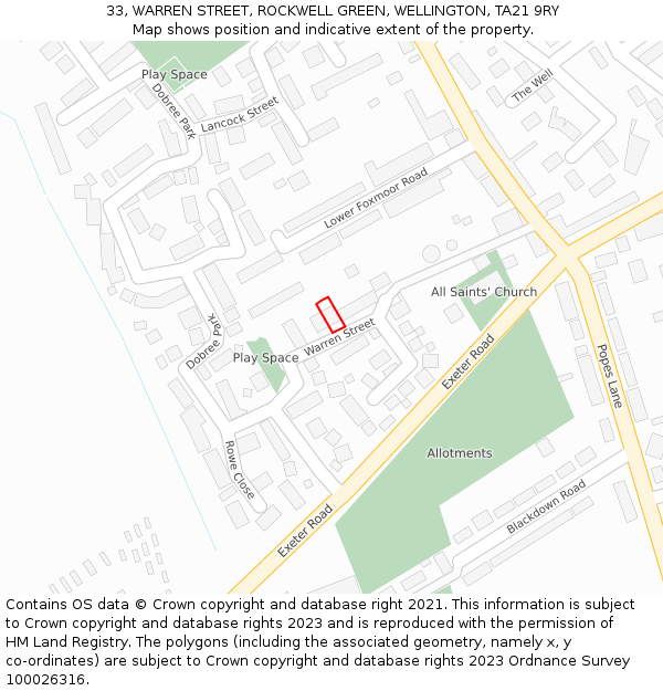 33, WARREN STREET, ROCKWELL GREEN, WELLINGTON, TA21 9RY: Location map and indicative extent of plot