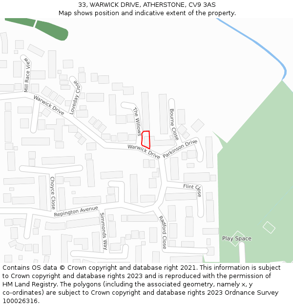 33, WARWICK DRIVE, ATHERSTONE, CV9 3AS: Location map and indicative extent of plot