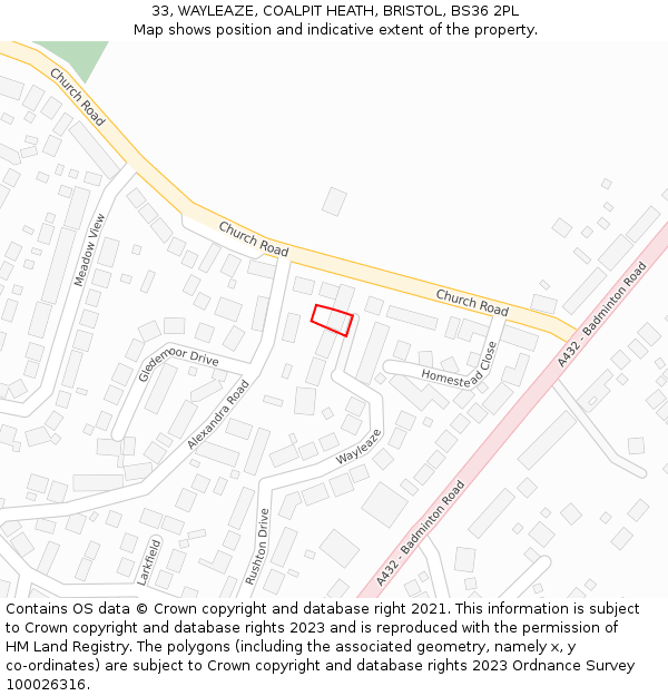 33, WAYLEAZE, COALPIT HEATH, BRISTOL, BS36 2PL: Location map and indicative extent of plot