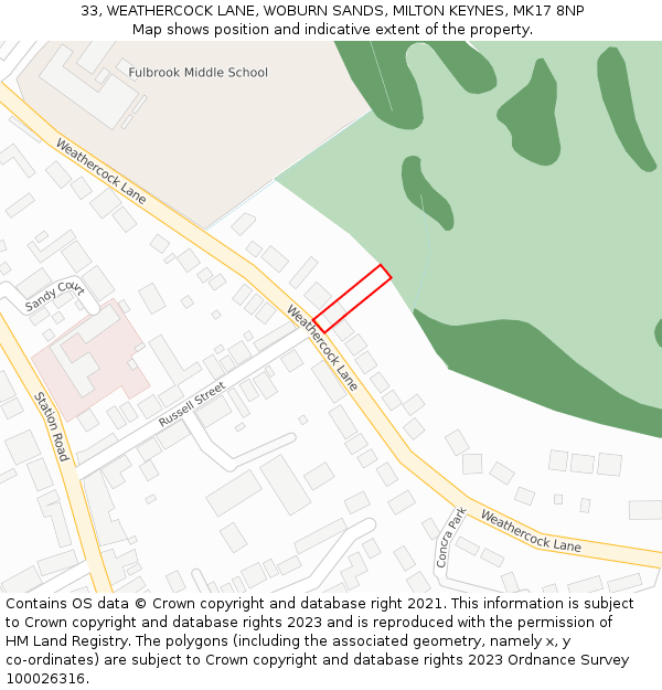 33, WEATHERCOCK LANE, WOBURN SANDS, MILTON KEYNES, MK17 8NP: Location map and indicative extent of plot