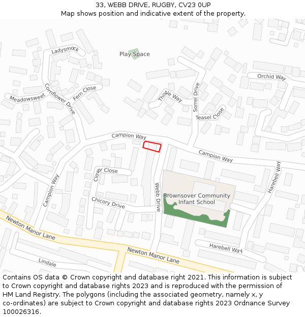 33, WEBB DRIVE, RUGBY, CV23 0UP: Location map and indicative extent of plot