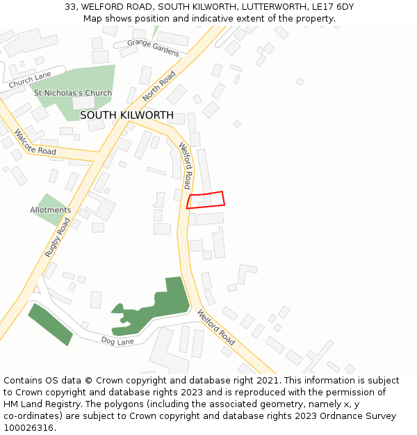 33, WELFORD ROAD, SOUTH KILWORTH, LUTTERWORTH, LE17 6DY: Location map and indicative extent of plot