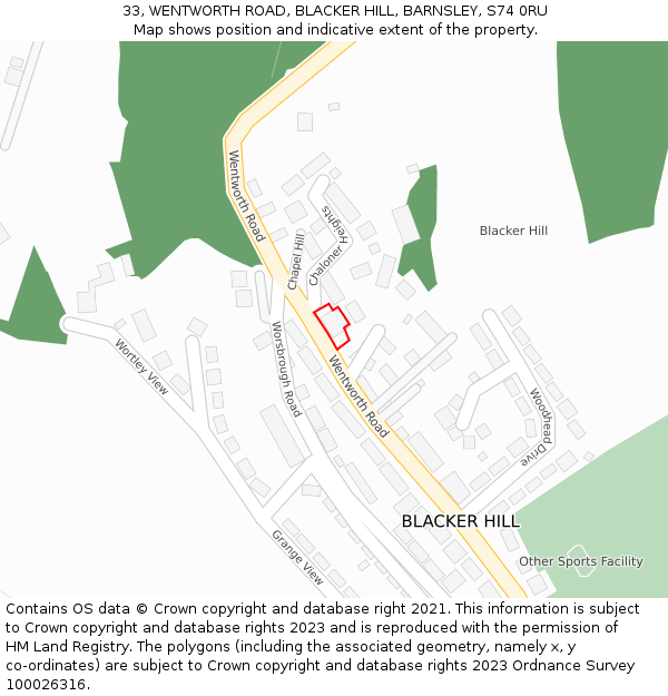 33, WENTWORTH ROAD, BLACKER HILL, BARNSLEY, S74 0RU: Location map and indicative extent of plot