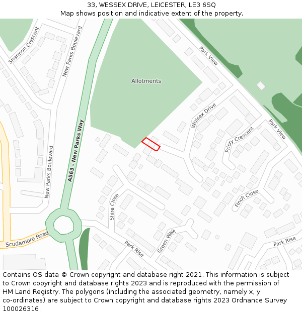 33, WESSEX DRIVE, LEICESTER, LE3 6SQ: Location map and indicative extent of plot