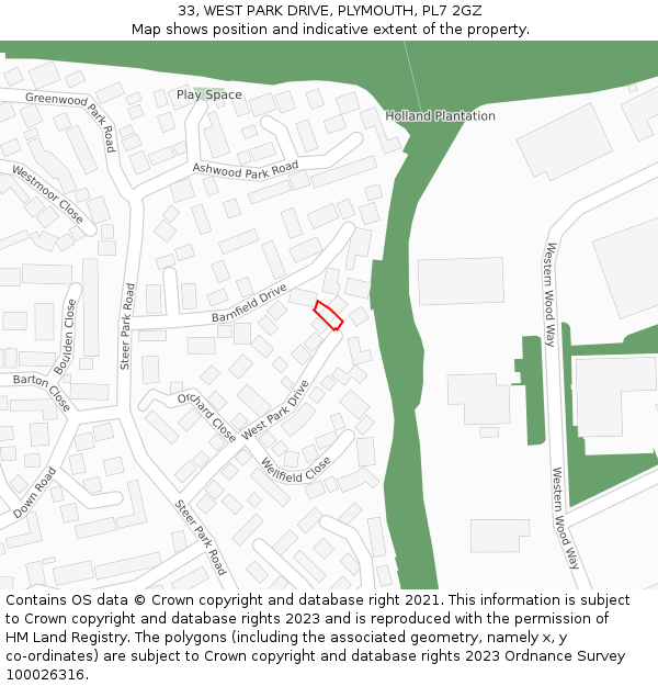 33, WEST PARK DRIVE, PLYMOUTH, PL7 2GZ: Location map and indicative extent of plot