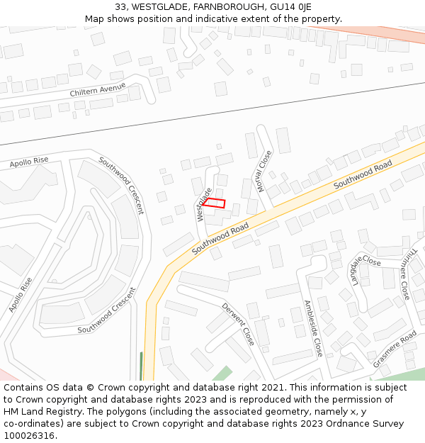 33, WESTGLADE, FARNBOROUGH, GU14 0JE: Location map and indicative extent of plot