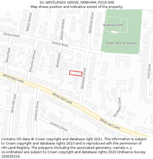 33, WESTLANDS GROVE, FAREHAM, PO16 9AE: Location map and indicative extent of plot