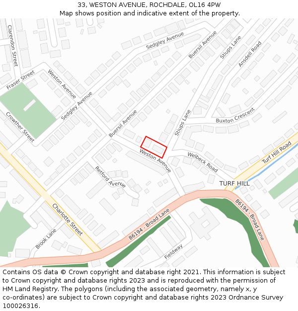 33, WESTON AVENUE, ROCHDALE, OL16 4PW: Location map and indicative extent of plot