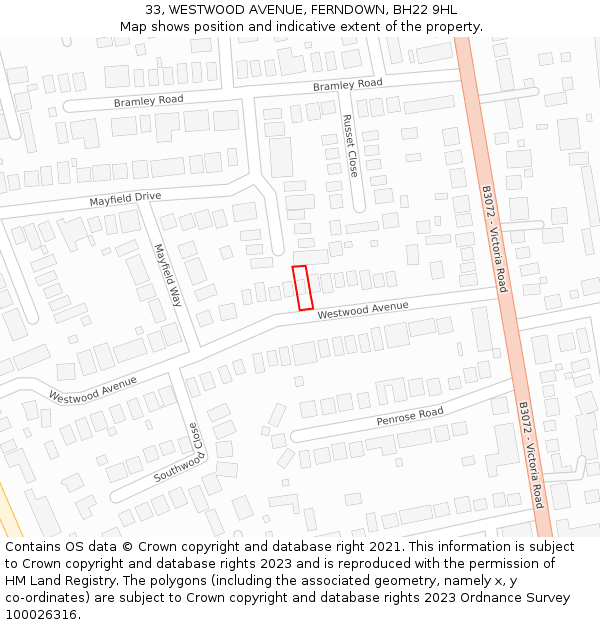 33, WESTWOOD AVENUE, FERNDOWN, BH22 9HL: Location map and indicative extent of plot