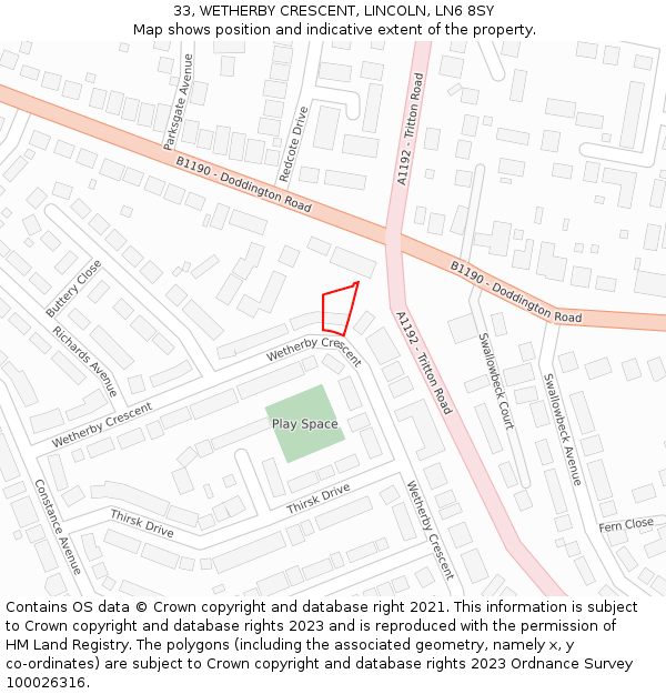 33, WETHERBY CRESCENT, LINCOLN, LN6 8SY: Location map and indicative extent of plot