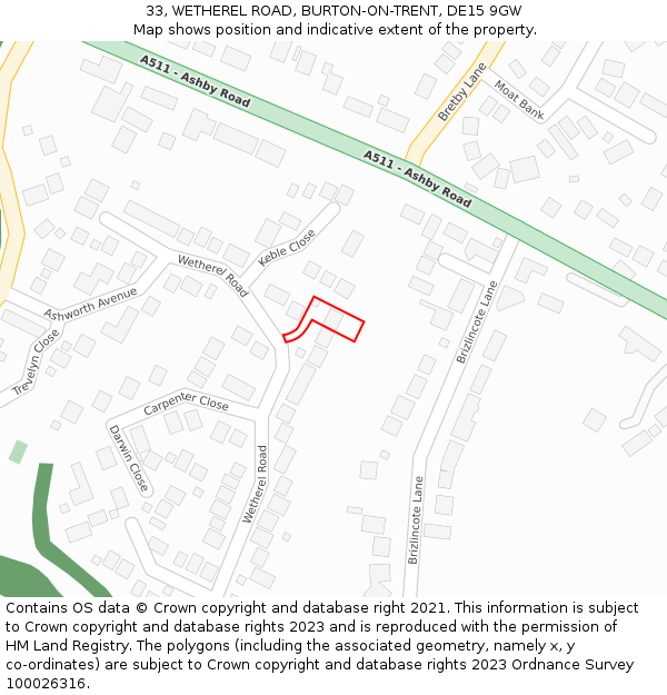 33, WETHEREL ROAD, BURTON-ON-TRENT, DE15 9GW: Location map and indicative extent of plot