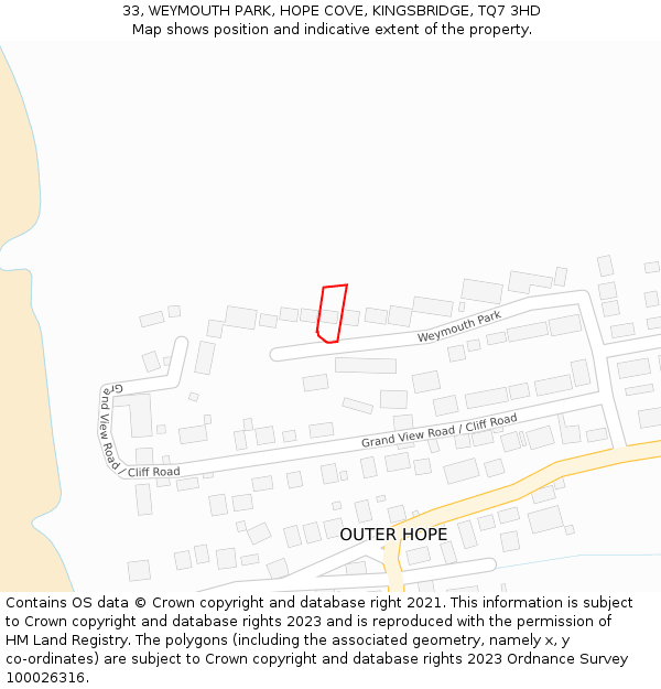 33, WEYMOUTH PARK, HOPE COVE, KINGSBRIDGE, TQ7 3HD: Location map and indicative extent of plot