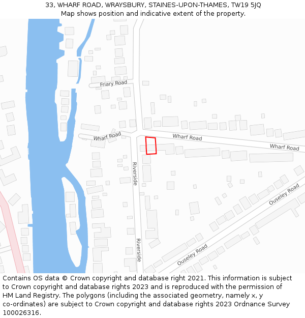 33, WHARF ROAD, WRAYSBURY, STAINES-UPON-THAMES, TW19 5JQ: Location map and indicative extent of plot