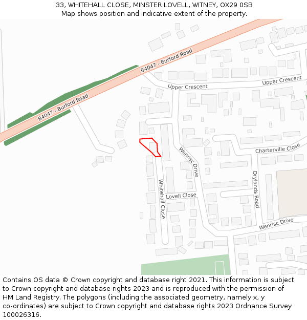 33, WHITEHALL CLOSE, MINSTER LOVELL, WITNEY, OX29 0SB: Location map and indicative extent of plot