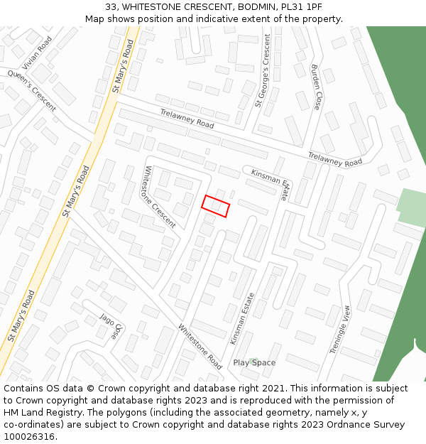 33, WHITESTONE CRESCENT, BODMIN, PL31 1PF: Location map and indicative extent of plot