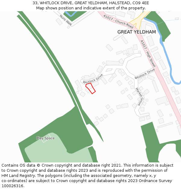 33, WHITLOCK DRIVE, GREAT YELDHAM, HALSTEAD, CO9 4EE: Location map and indicative extent of plot