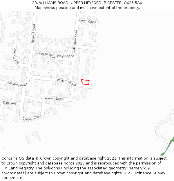 33, WILLIAMS ROAD, UPPER HEYFORD, BICESTER, OX25 5AX: Location map and indicative extent of plot