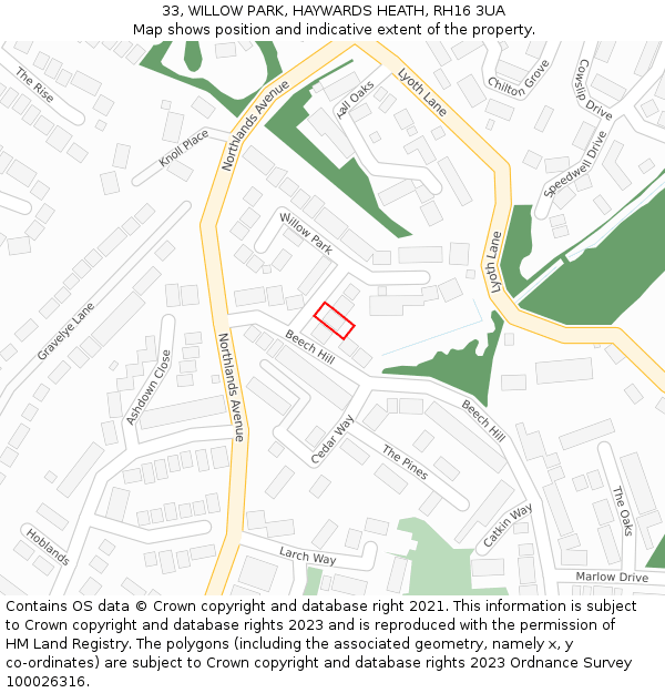 33, WILLOW PARK, HAYWARDS HEATH, RH16 3UA: Location map and indicative extent of plot