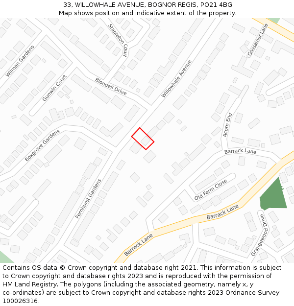 33, WILLOWHALE AVENUE, BOGNOR REGIS, PO21 4BG: Location map and indicative extent of plot