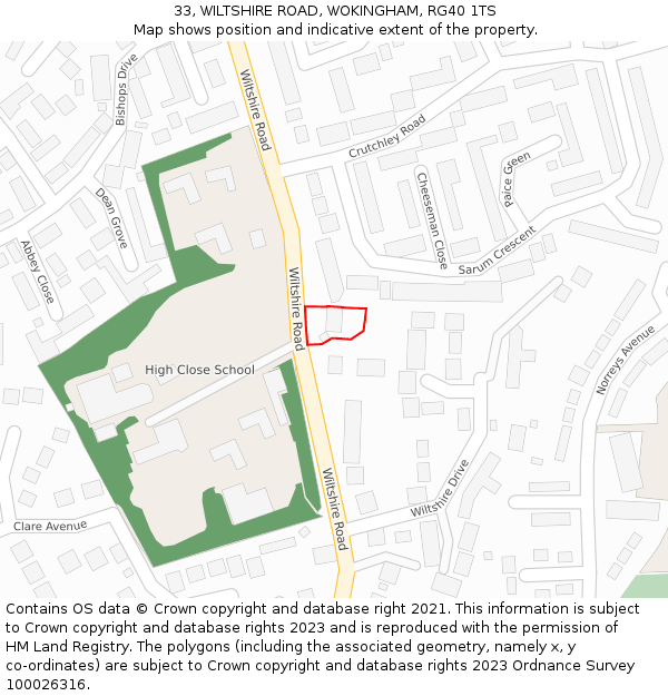 33, WILTSHIRE ROAD, WOKINGHAM, RG40 1TS: Location map and indicative extent of plot