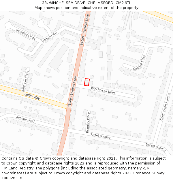 33, WINCHELSEA DRIVE, CHELMSFORD, CM2 9TL: Location map and indicative extent of plot