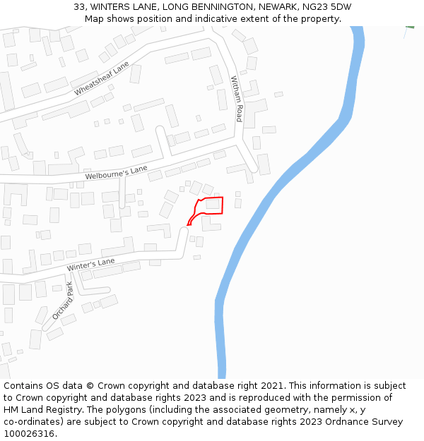 33, WINTERS LANE, LONG BENNINGTON, NEWARK, NG23 5DW: Location map and indicative extent of plot