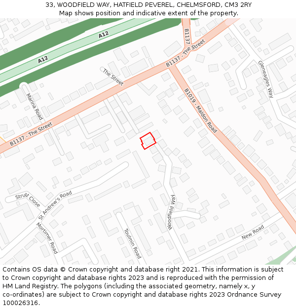 33, WOODFIELD WAY, HATFIELD PEVEREL, CHELMSFORD, CM3 2RY: Location map and indicative extent of plot