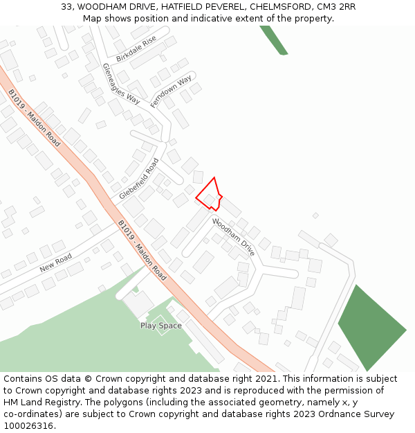 33, WOODHAM DRIVE, HATFIELD PEVEREL, CHELMSFORD, CM3 2RR: Location map and indicative extent of plot
