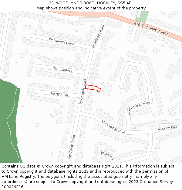 33, WOODLANDS ROAD, HOCKLEY, SS5 4PL: Location map and indicative extent of plot