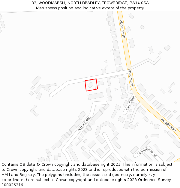 33, WOODMARSH, NORTH BRADLEY, TROWBRIDGE, BA14 0SA: Location map and indicative extent of plot