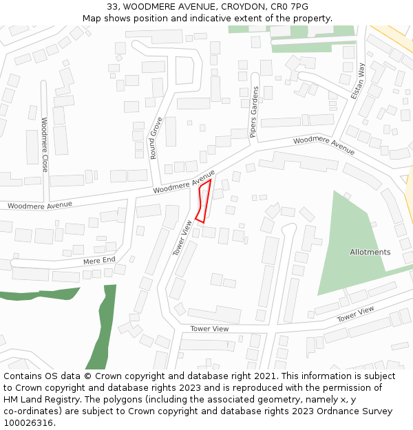 33, WOODMERE AVENUE, CROYDON, CR0 7PG: Location map and indicative extent of plot