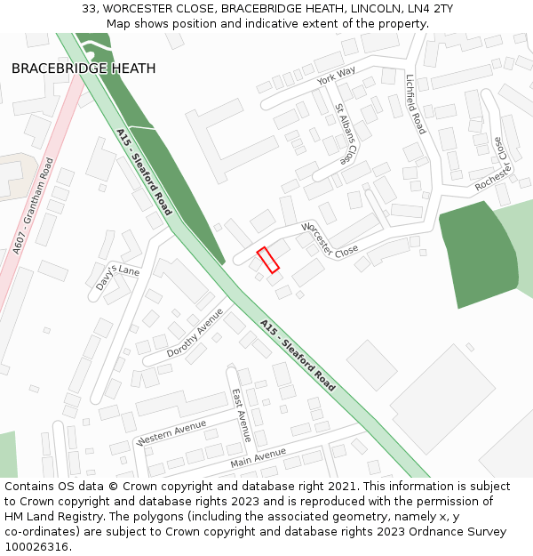 33, WORCESTER CLOSE, BRACEBRIDGE HEATH, LINCOLN, LN4 2TY: Location map and indicative extent of plot